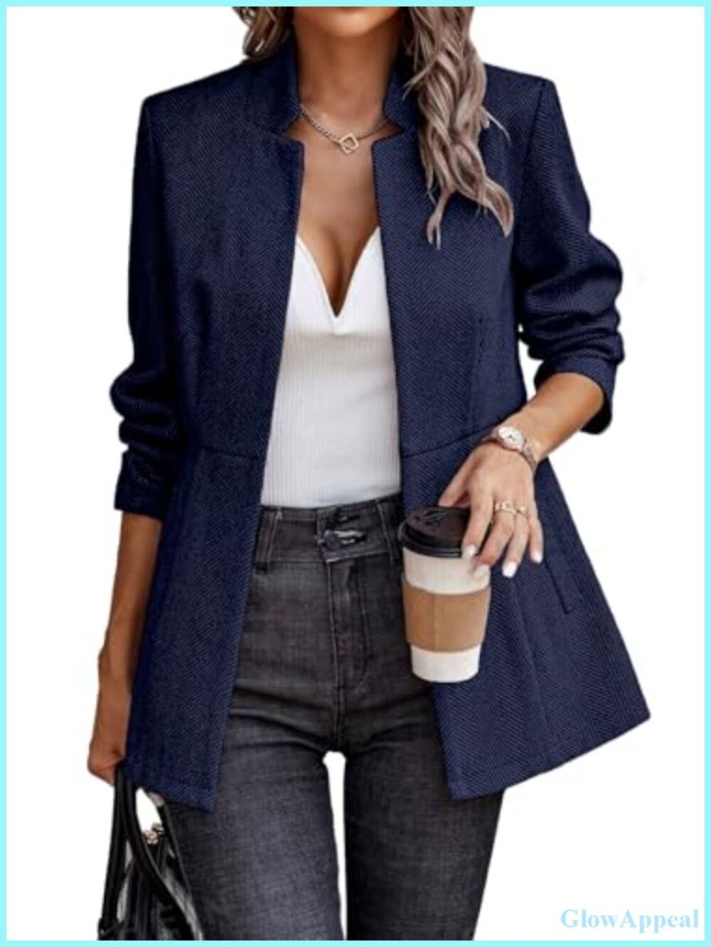Women's Open Front Herringbone Blazer Long Sleeve Business Casual Jacket